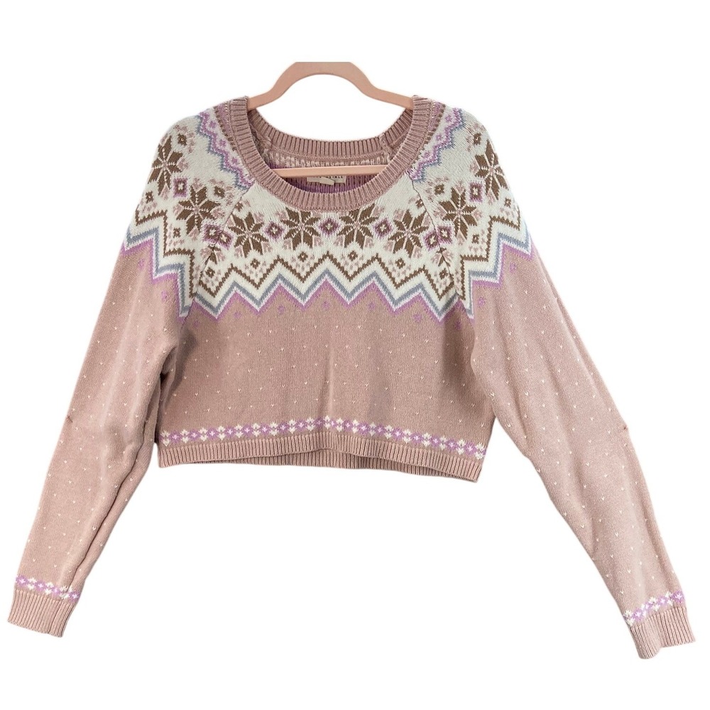 Aeropostale Fair Isle Sweater Womens XL Pink Cropped Snowflake Knit Scoop Neck